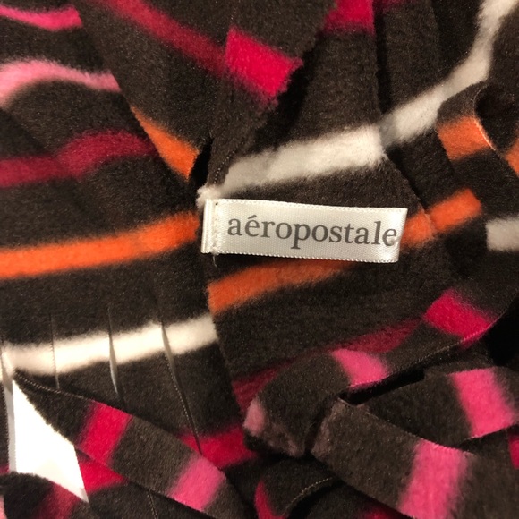 Aeropostale Women’s Brown Pinks Orange White Fleece Fringed Striped Scarf - Picture 5 of 5